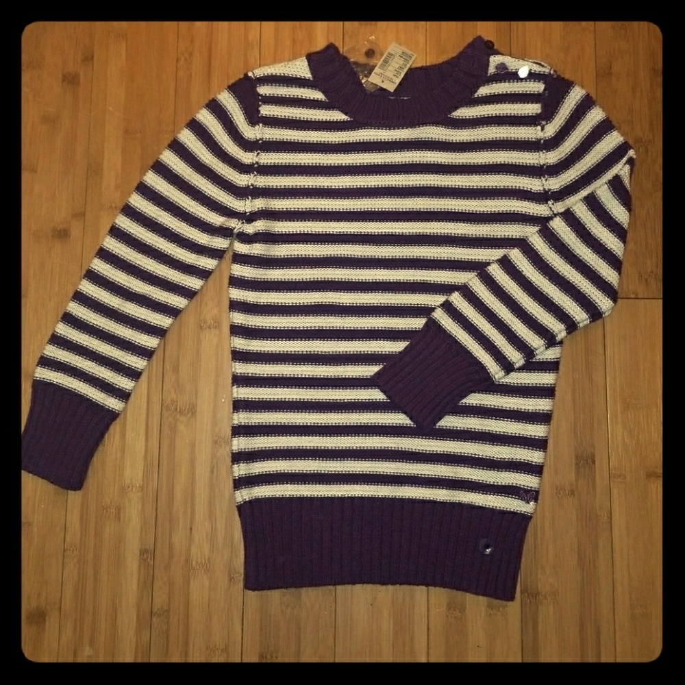 Adorable, thick knit, warm purple striped sweater